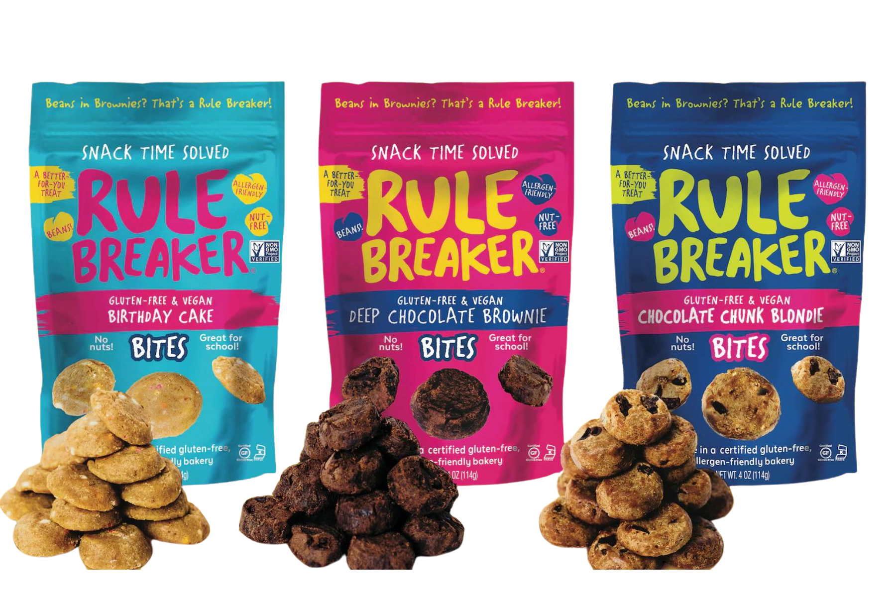 Three packages of Rule Breaker snacks with piles of cookies in front of each
