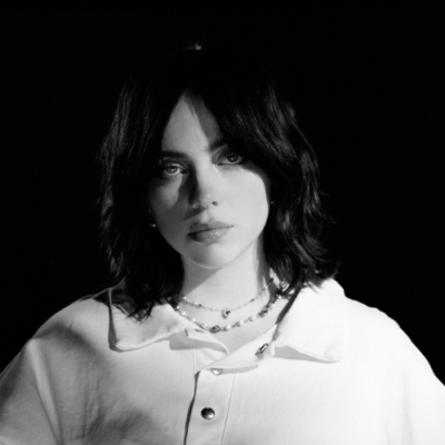 Headshot of Billie Eilish in black and white