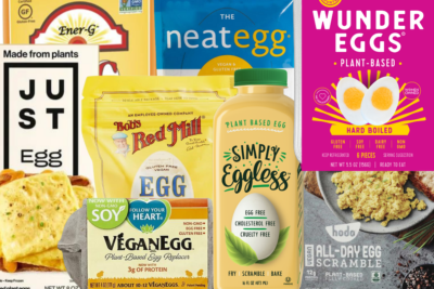 A collage of popular vegan egg substitutes