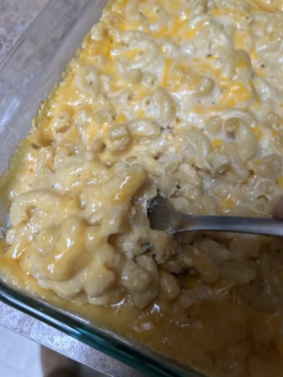 A dish of deliciously cheesy vegan mac and cheese
