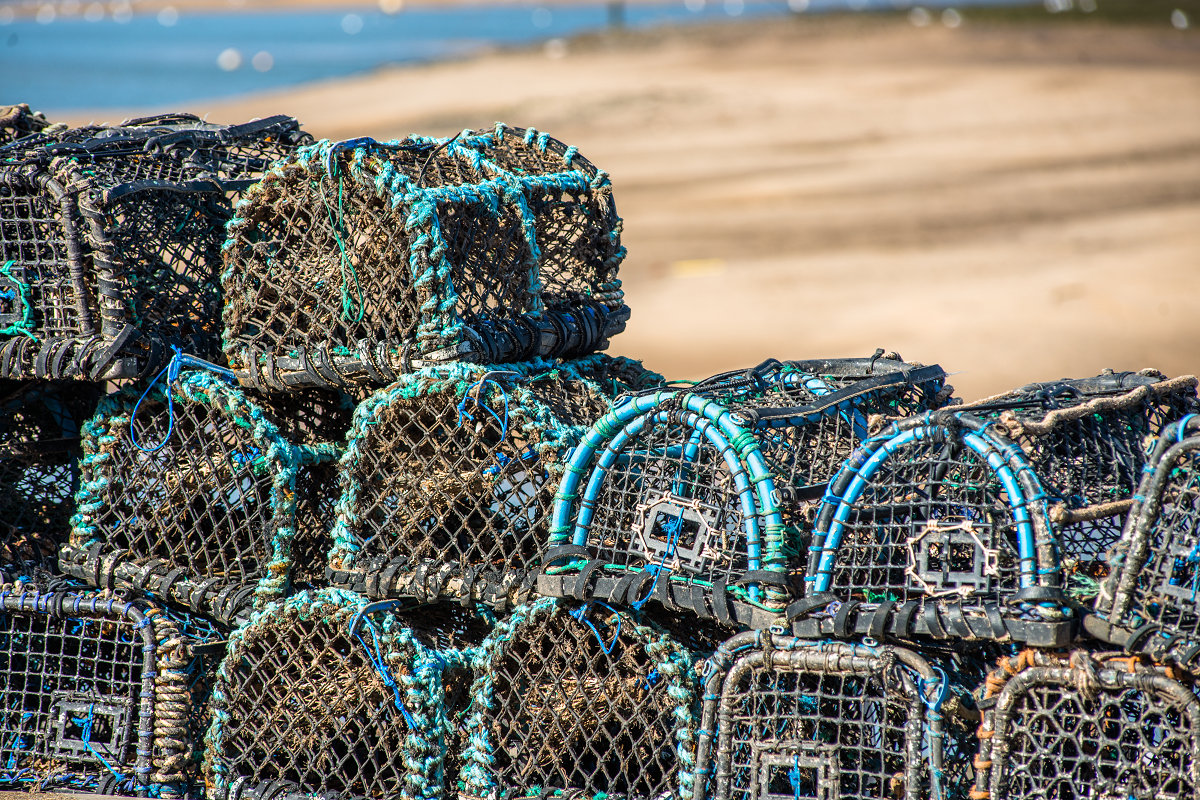 Crab and lobster pots used to catch crustaceans in the sea