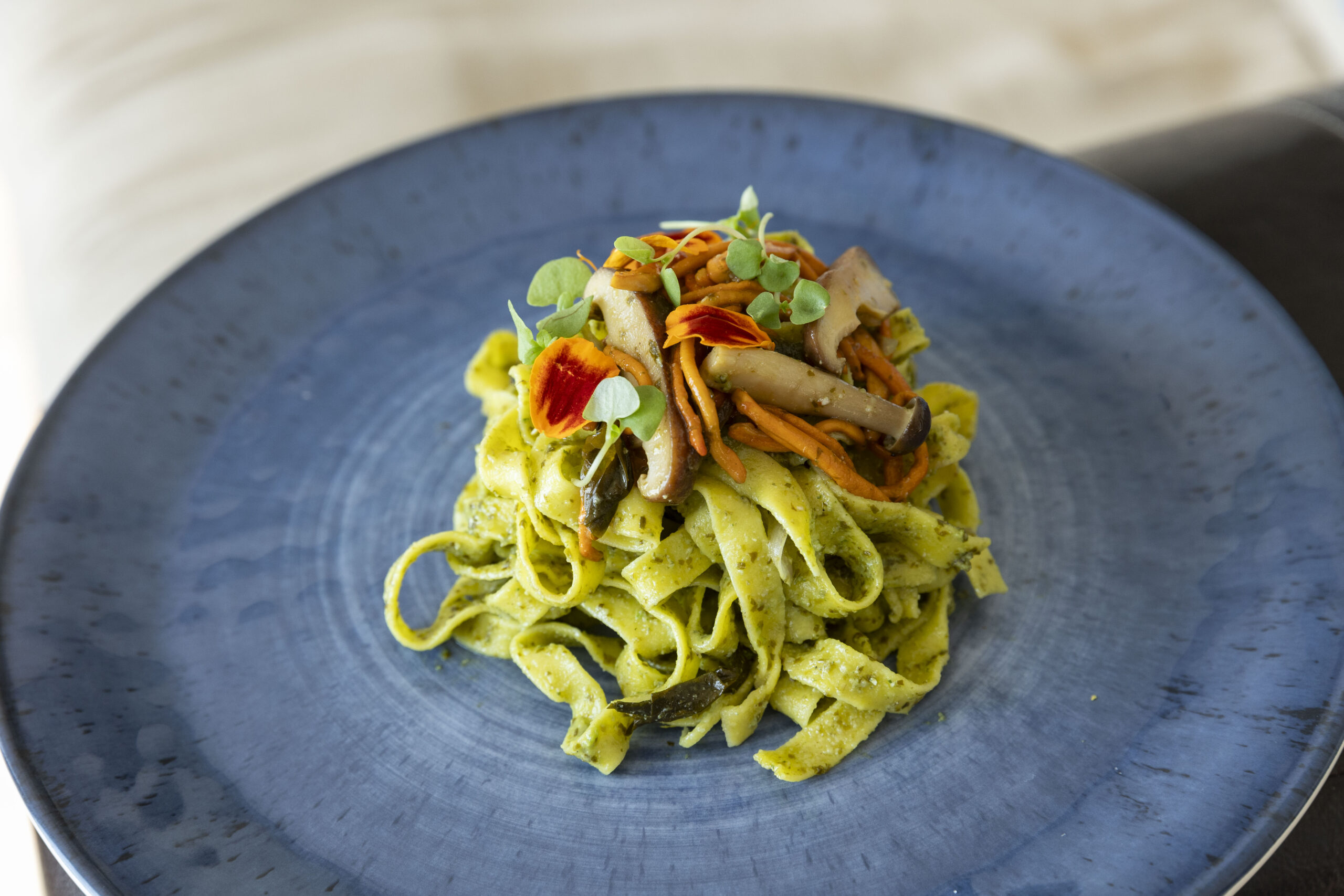 Tagliatelle Pasta with Sautéed Mushrooms and Wakame Pesto - Veganuary