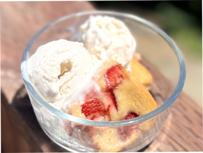 Strawberry Cake in a glass served with ice cream