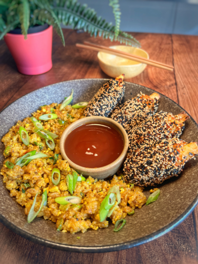 Biff's Sesame Wings with Tofu 'Egg' Fried Rice