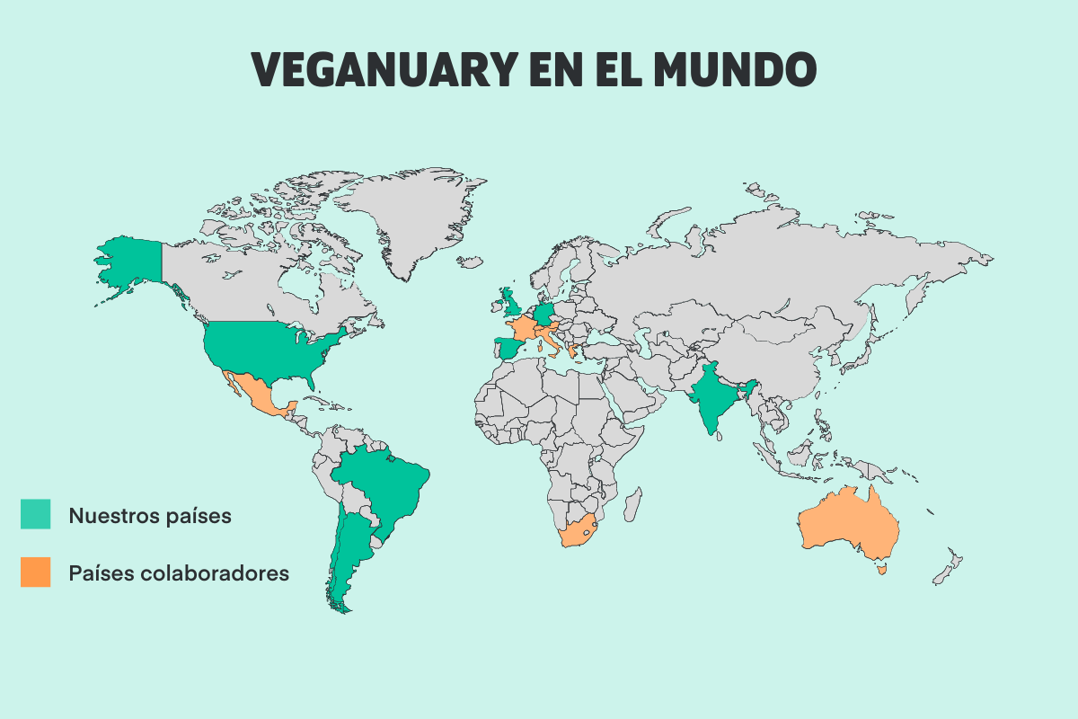 Veganuary Around The World Map 2024 - Spanish