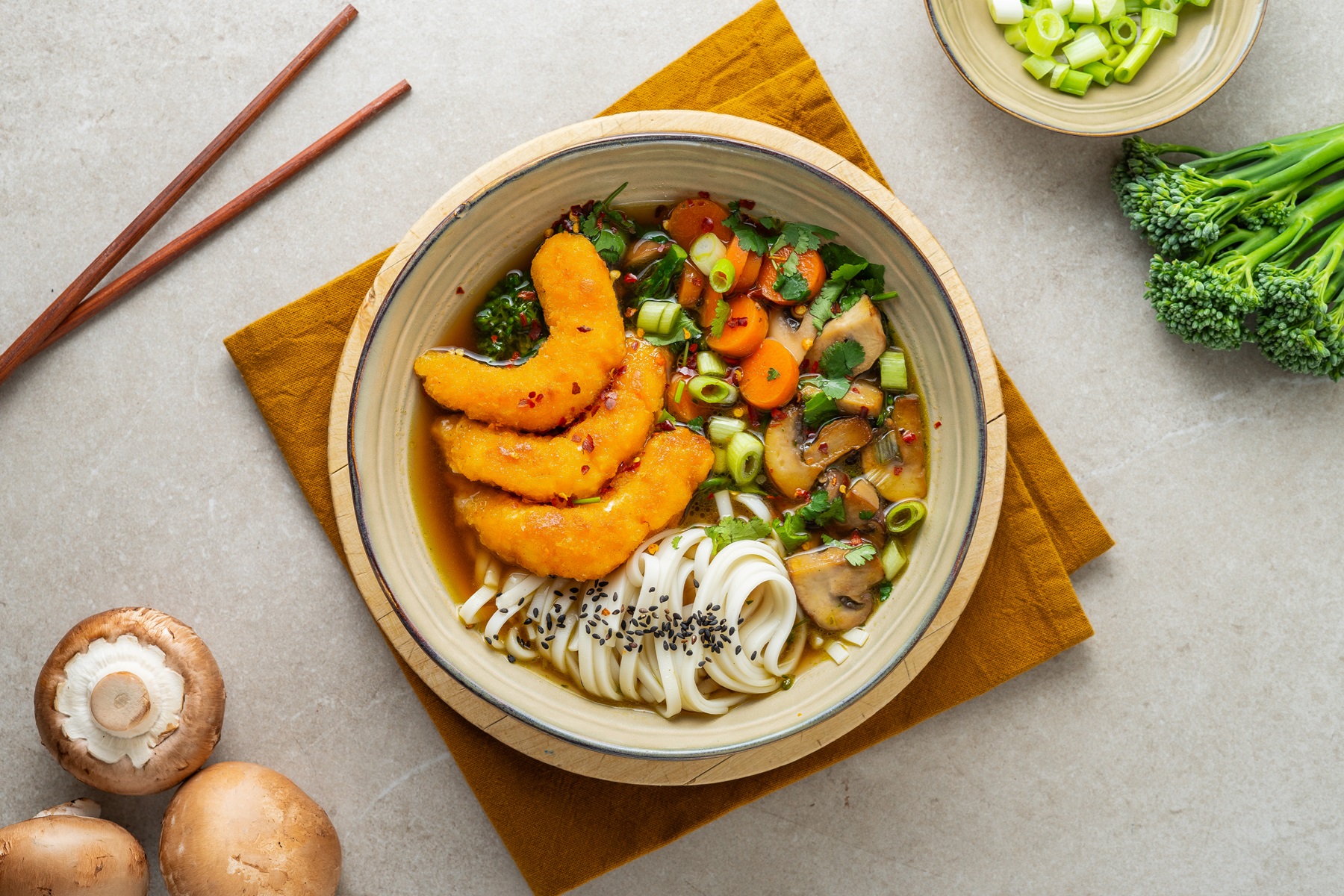 Noodle Soup with Bimi and Crispy Lemon Shrimp | Veganuary