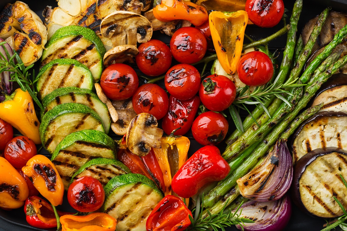 A flatlay of grilled/ barbecued vegetables