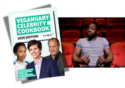 Bethany Antonia, Woody Harrelson, and Tig Notaro are the cover of the Veganuary 2025 digital cookbook. The cookbook appears next to a photo of Preacher Lawson speaking from a theater.