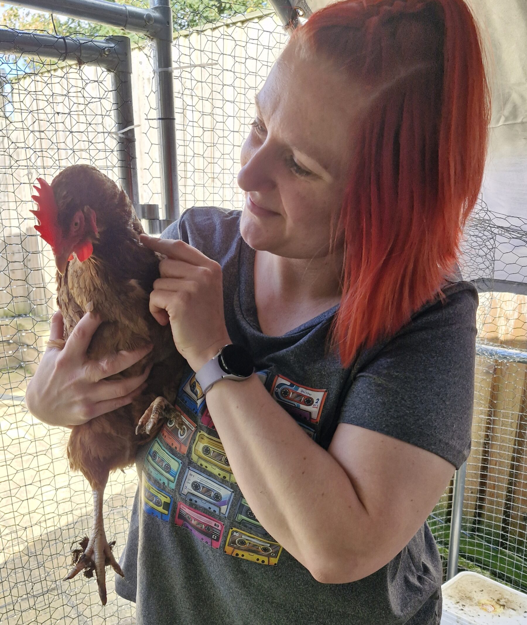 Kim with Mac, named after the character in Chicken Run 