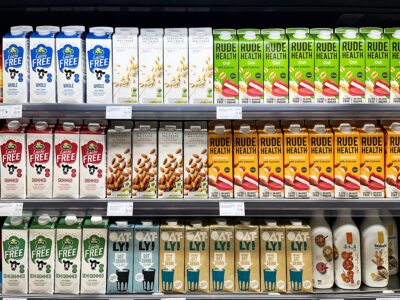 A variety of plant-based and lactose-free dairy products displayed on refrigerated shelves at a grocery store.
