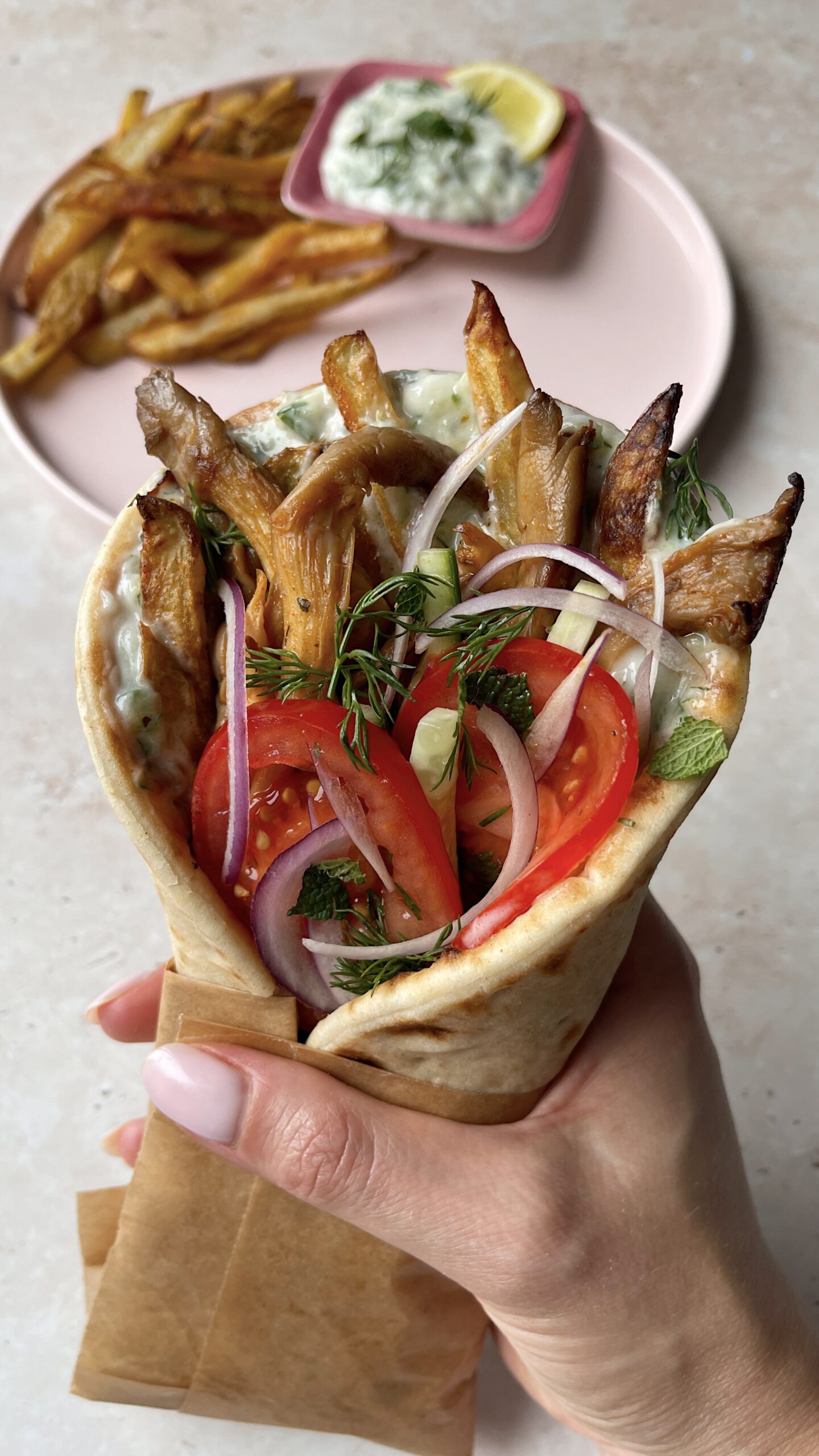 Mushroom Gyros with Tzatziki &amp; Homemade Fries